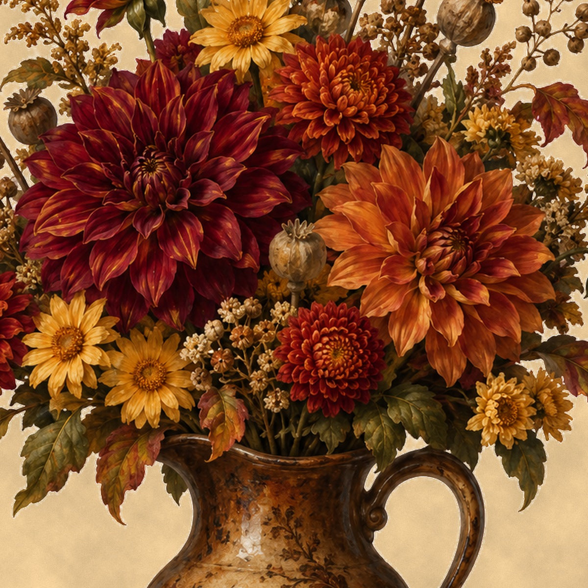 Close-up detail of burgundy dahlia and rust chrysanthemum illustration