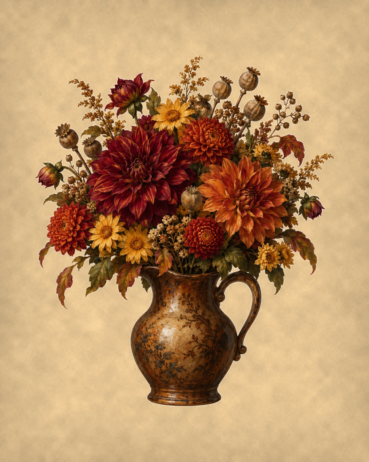 Vintage autumn dahlia bouquet 8x10 print flat art on parchment