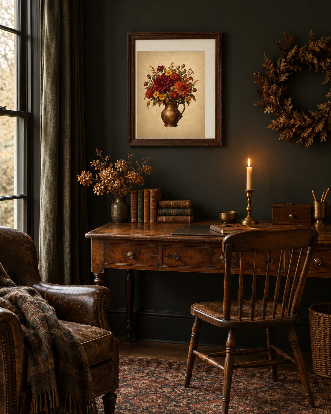 Vintage moody dahlia print framed above an antique desk on a dark wall