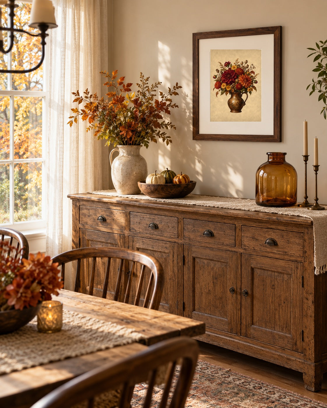 Vintage autumn dahlia bouquet 8x10 print framed above a farmhouse sideboard