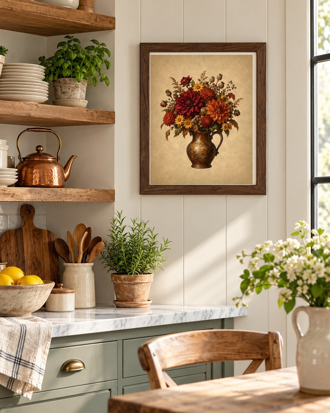 Vintage dahlia floral print in a dark frame in a farmhouse kitchen nook