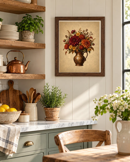 Vintage dahlia floral print in a dark frame in a farmhouse kitchen nook