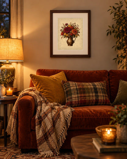 Vintage autumn floral print framed above a rust velvet sofa