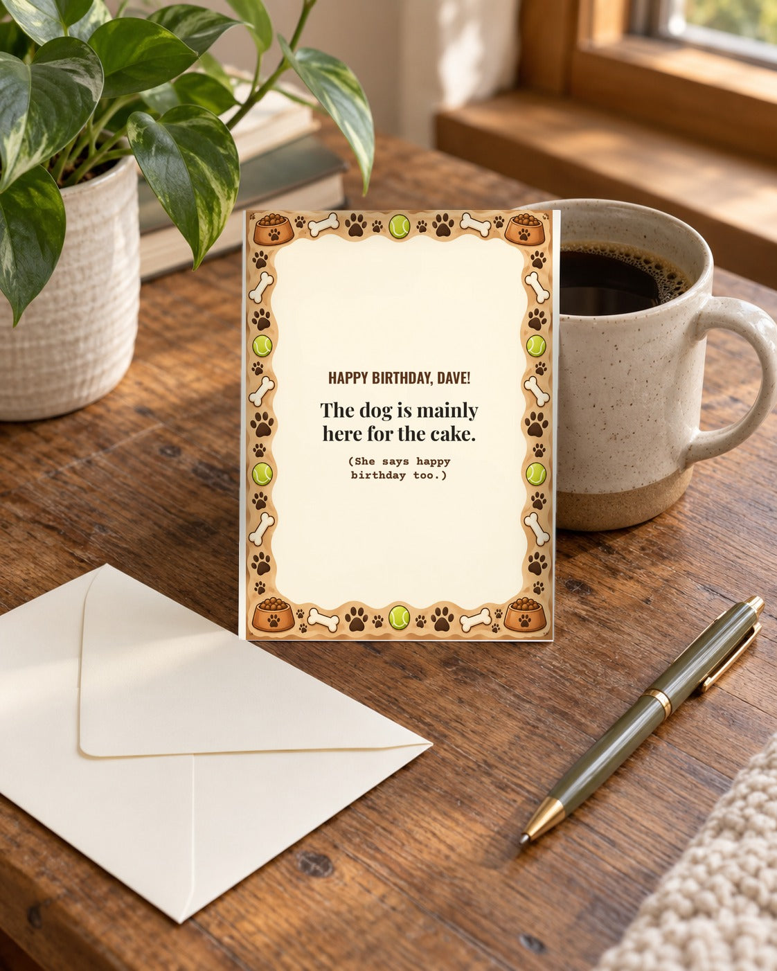 Funny dog birthday card standing on a desk beside an envelope and pen