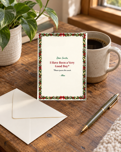 Dog Christmas card on a desk with envelope and pen