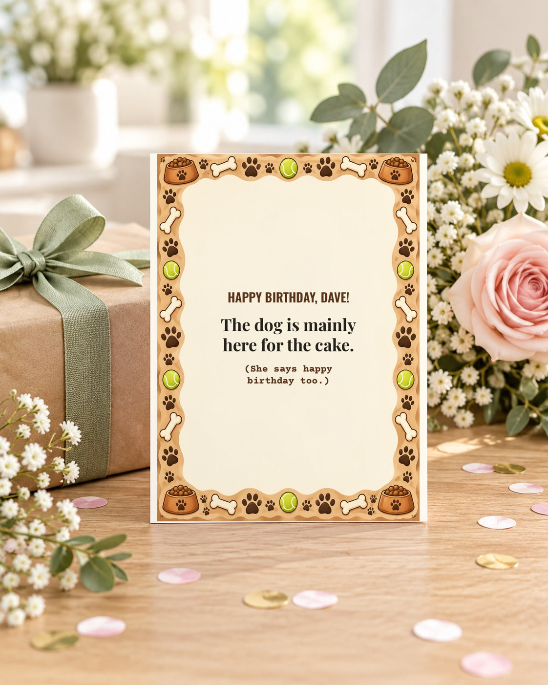 Funny dog birthday card displayed next to a wrapped gift and flowers