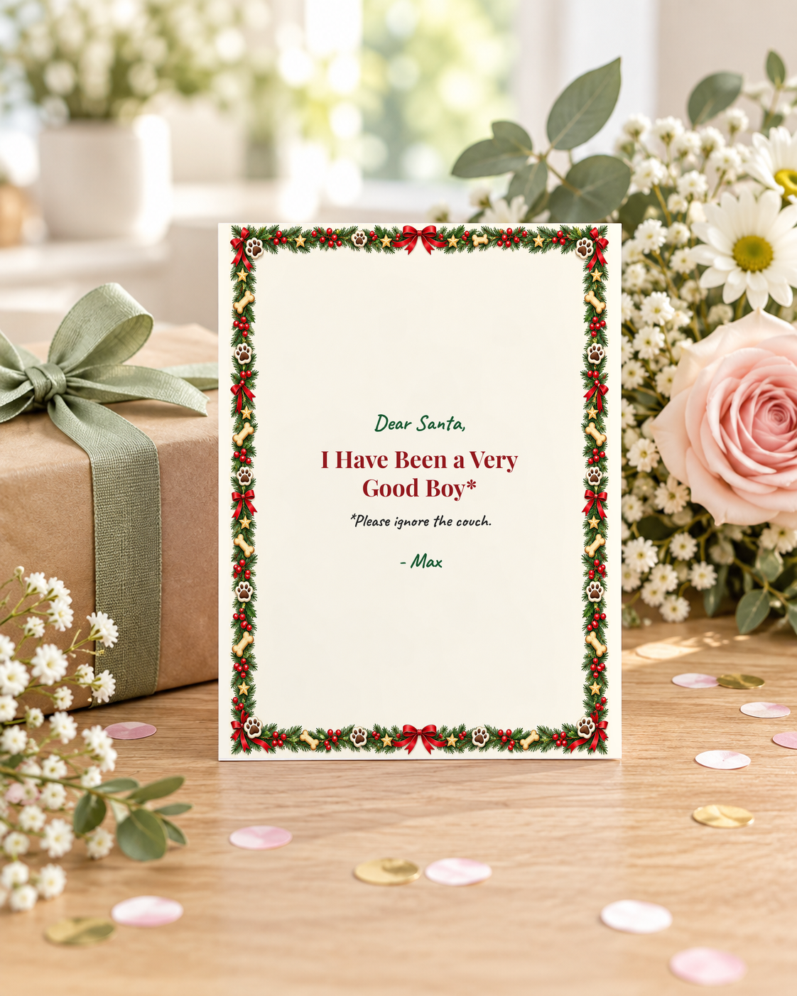 Dog Christmas card next to a wrapped gift