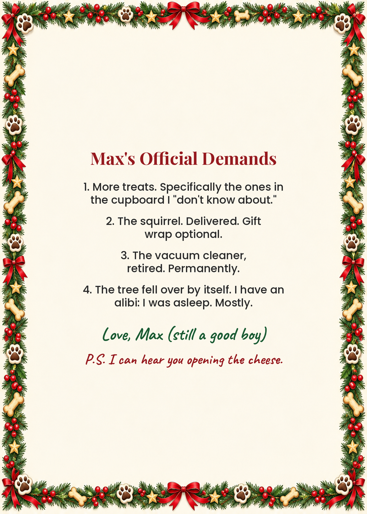 Card inside: Max's Official Demands list for Santa
