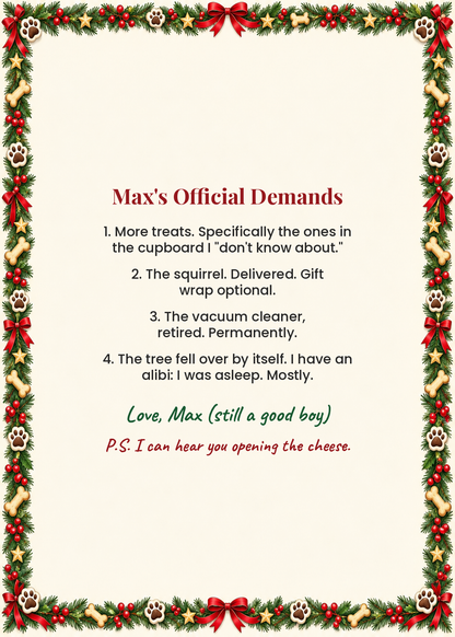 Card inside: Max's Official Demands list for Santa