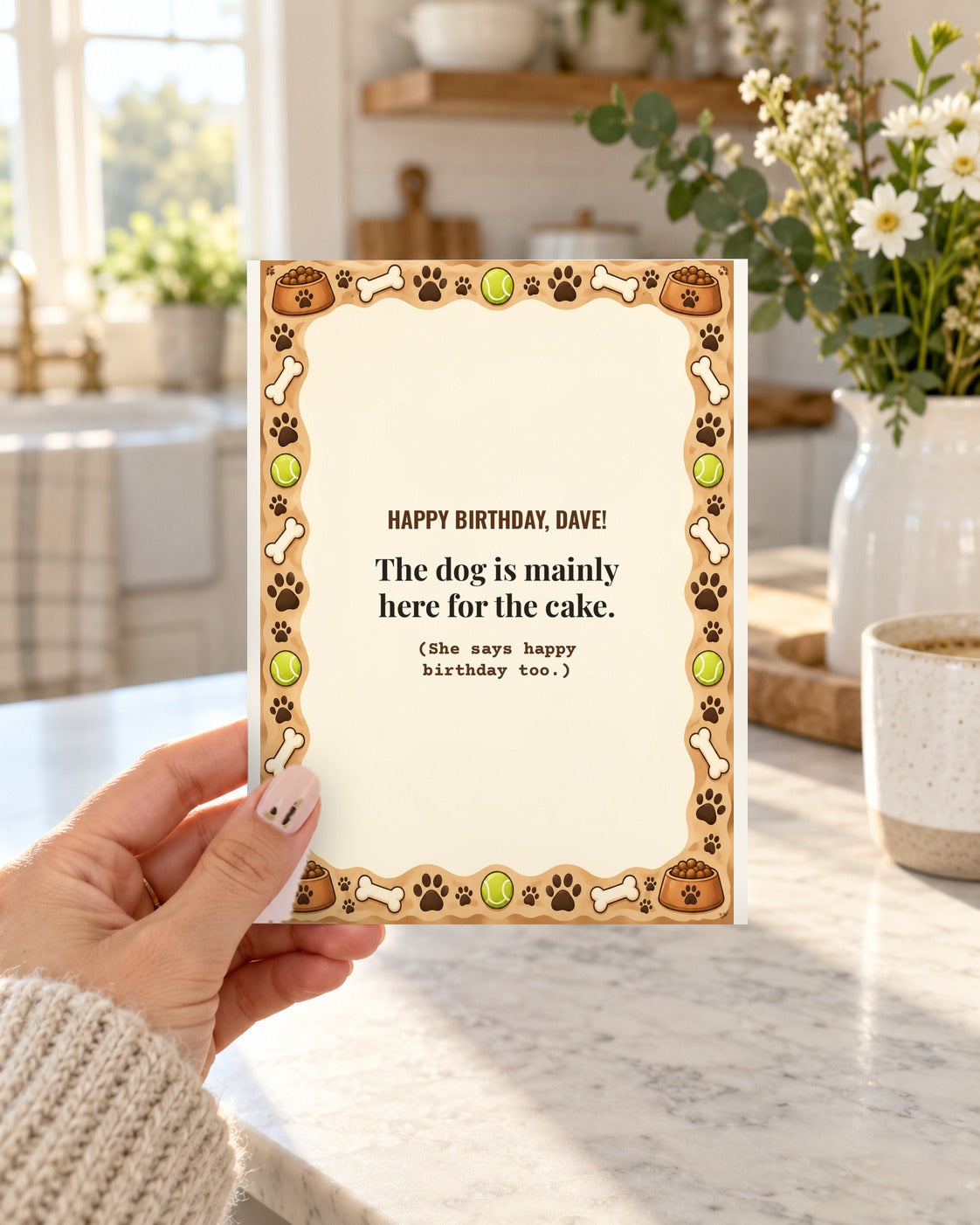 Hand holding the funny dog dad birthday card in a bright kitchen