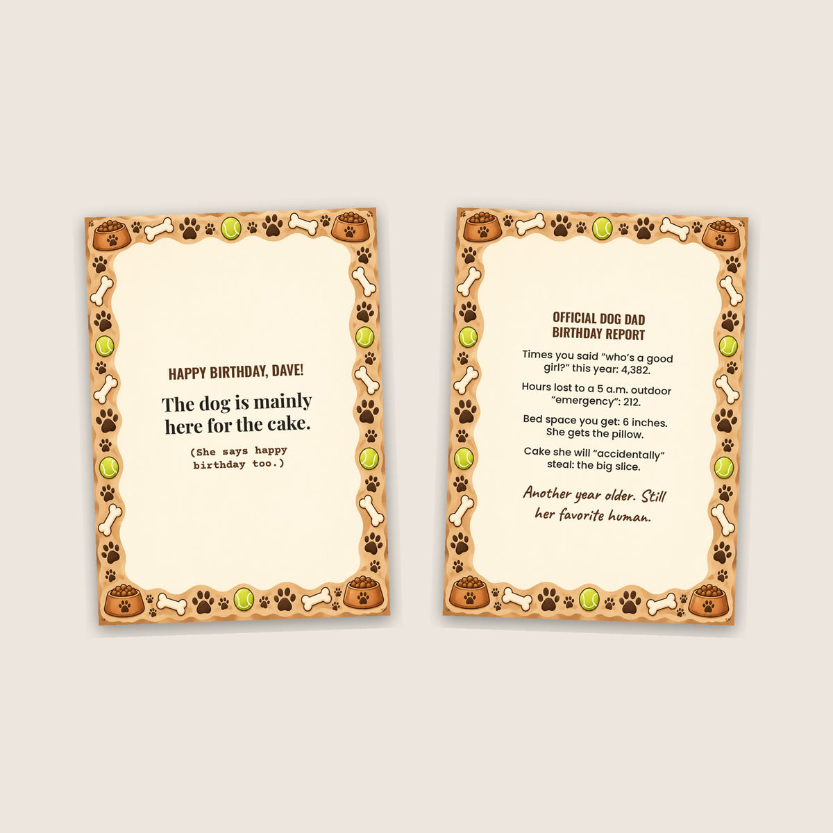 Cover and inside of the funny dog lover birthday card side by side