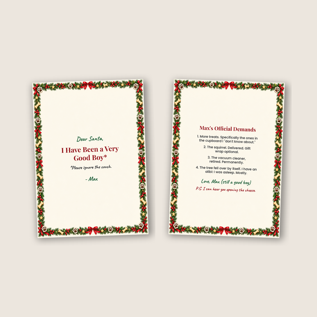 Cover and inside of the funny dog Christmas card