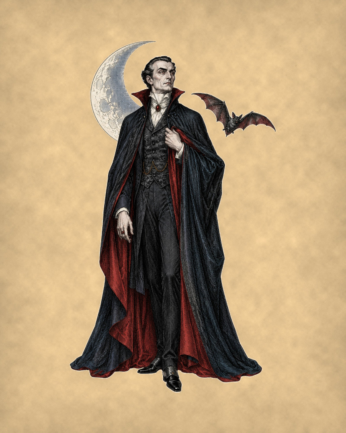 Dracula 8x10 print of a Victorian count with crescent moon and bat on parchment
