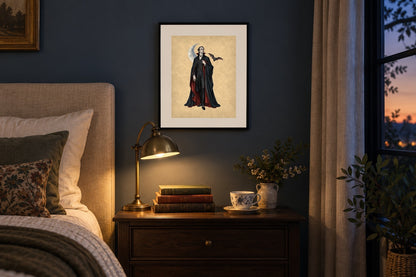 Dracula print framed above a moody bedside table