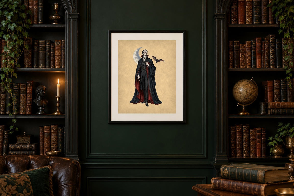 Dracula vintage gothic print framed on a dark green library wall