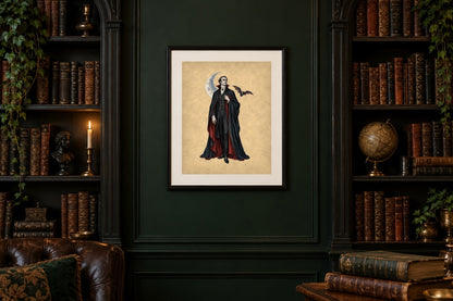 Dracula vintage gothic print framed on a dark green library wall