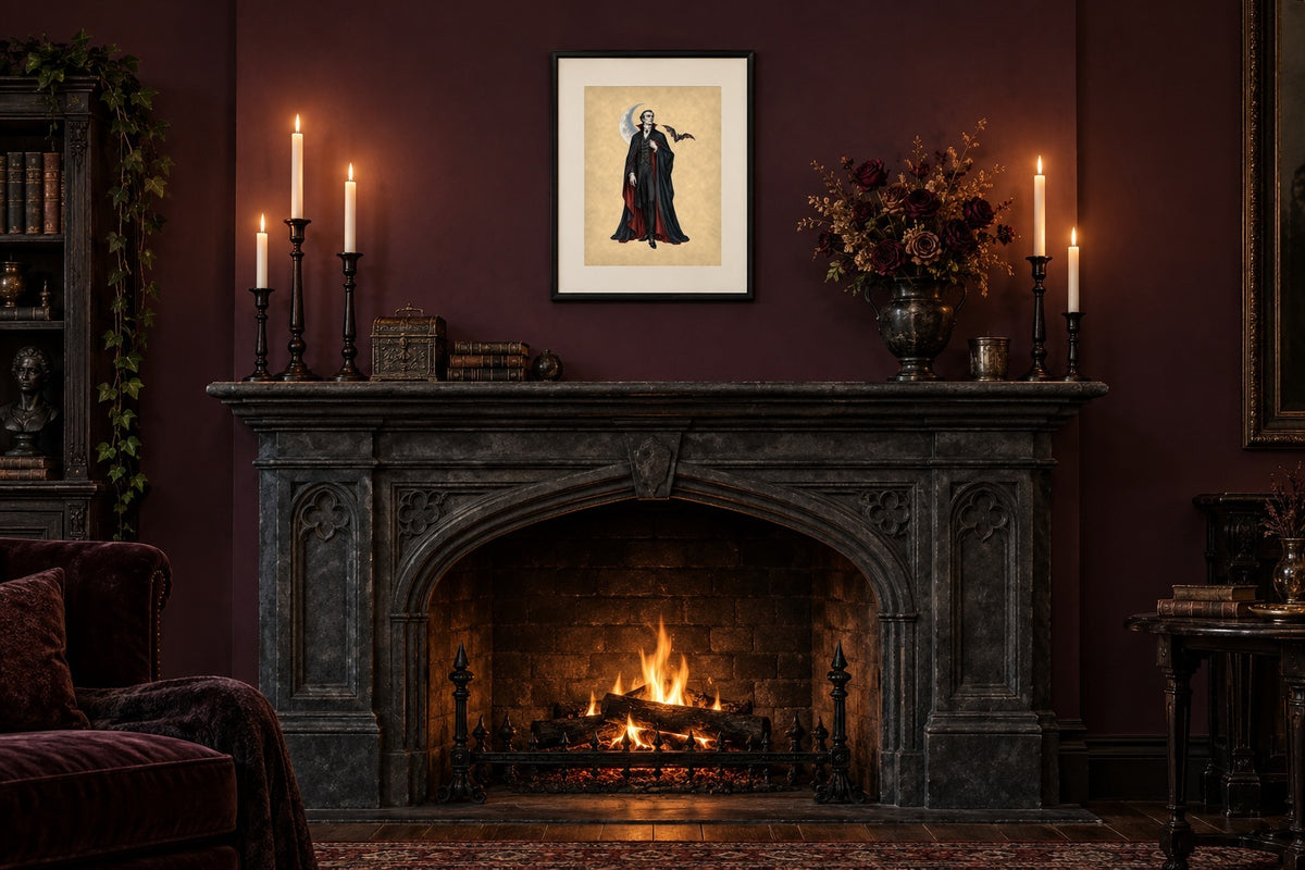 Dracula print framed above a gothic fireplace mantel