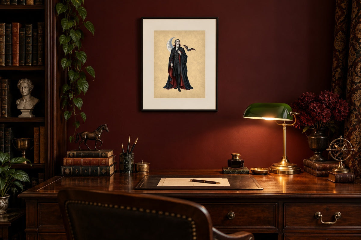 Dracula print framed above a dark-academia writing desk