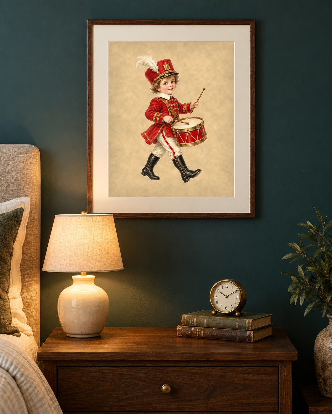 Vintage Christmas Little Drummer Boy 8x10 print framed above a walnut nightstand against a teal wall
