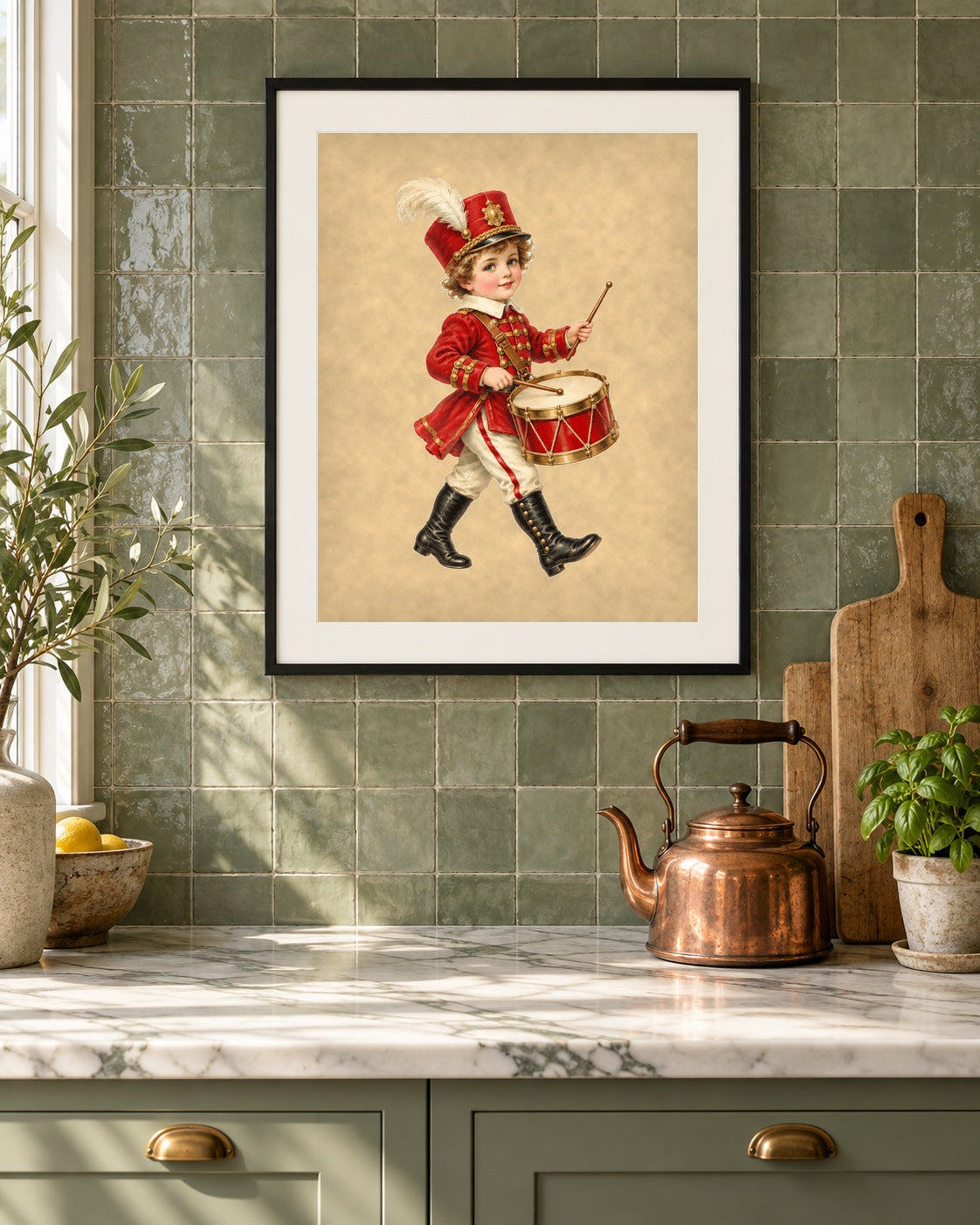 Little Drummer Boy Christmas print framed on a sage tile wall above a marble kitchen counter