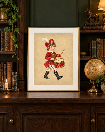 Little Drummer Boy Christmas print framed on a dark oak bookshelf beside a brass globe