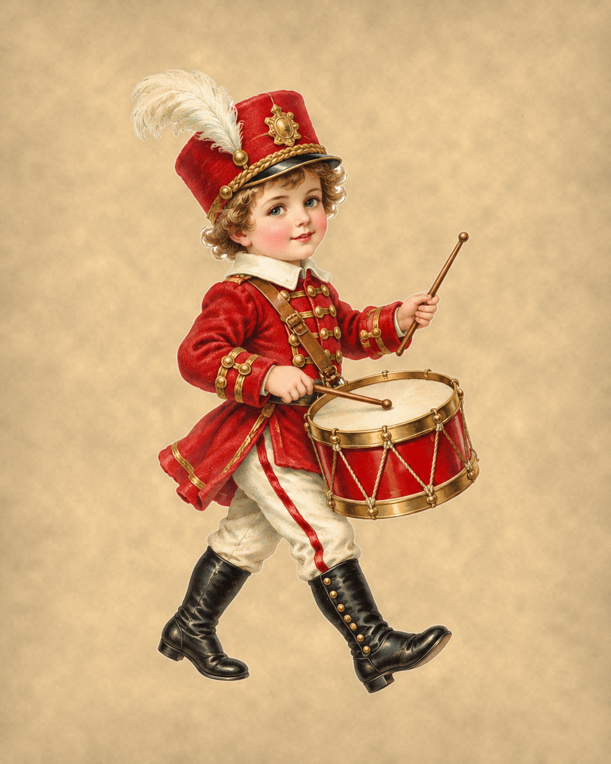 Vintage Victorian Little Drummer Boy Christmas print on tea-stained parchment