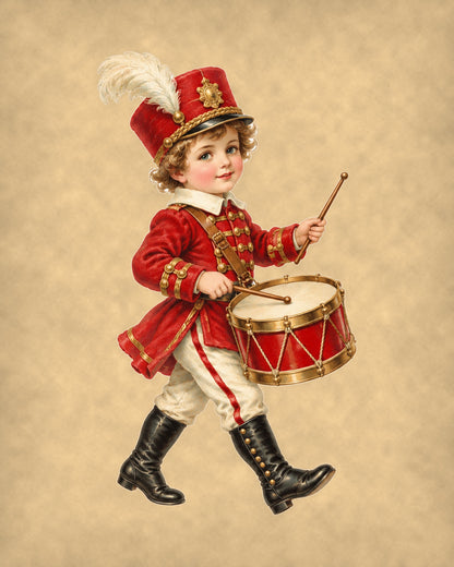 Vintage Victorian Little Drummer Boy Christmas print on tea-stained parchment