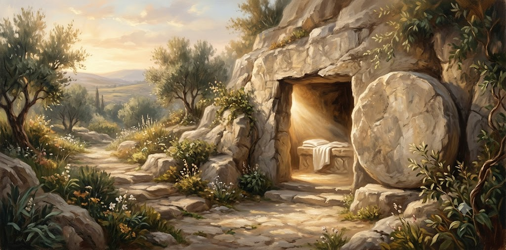 Easter empty tomb He Is Risen resurrection painting
