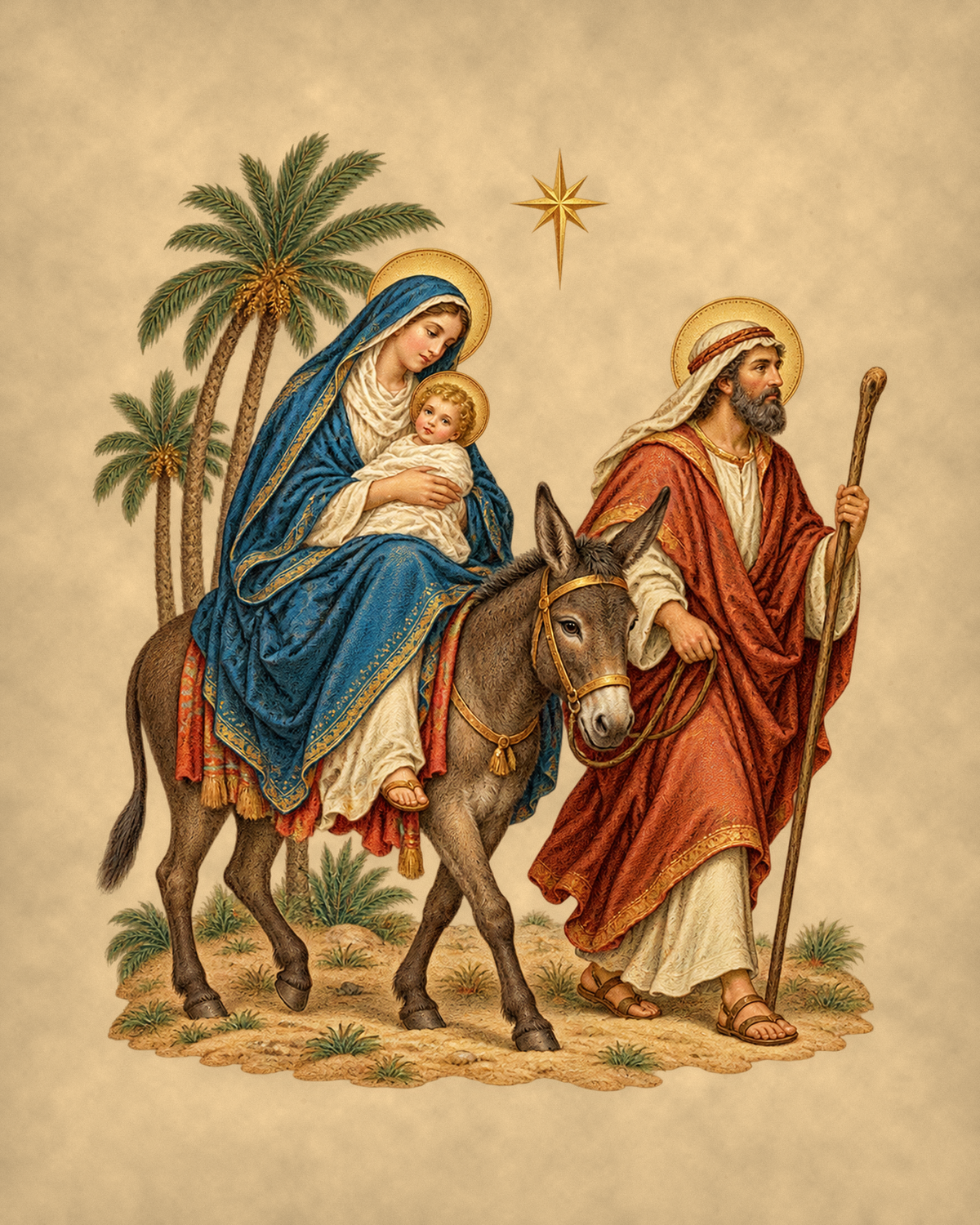 Flight into Egypt vintage Christmas flat art on warm parchment