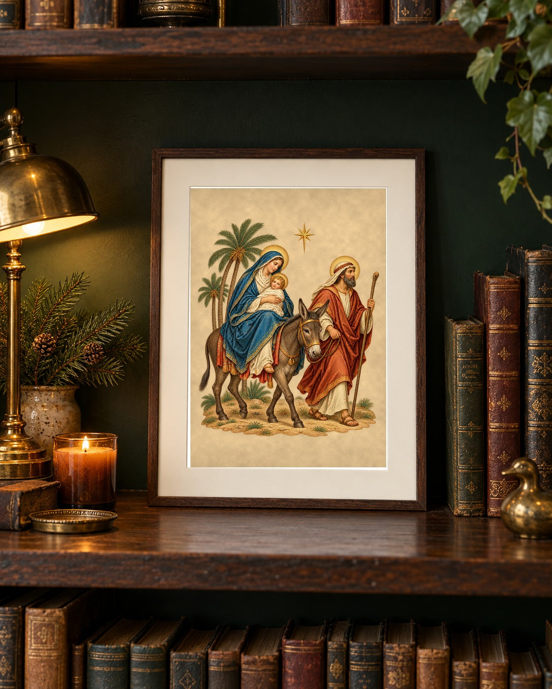 Flight into Egypt print framed on a library bookshelf with brass lamp