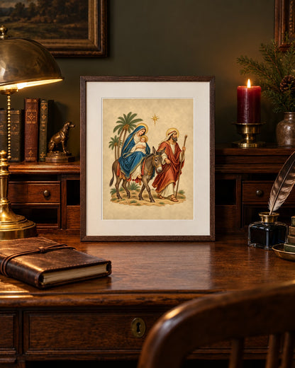 Flight into Egypt print framed on an antique rolltop desk with brass lamp