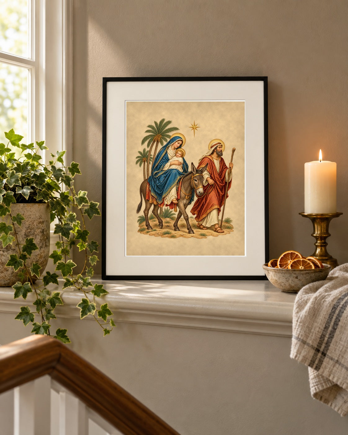 Flight into Egypt print framed on a stair landing ledge with ivy and candle