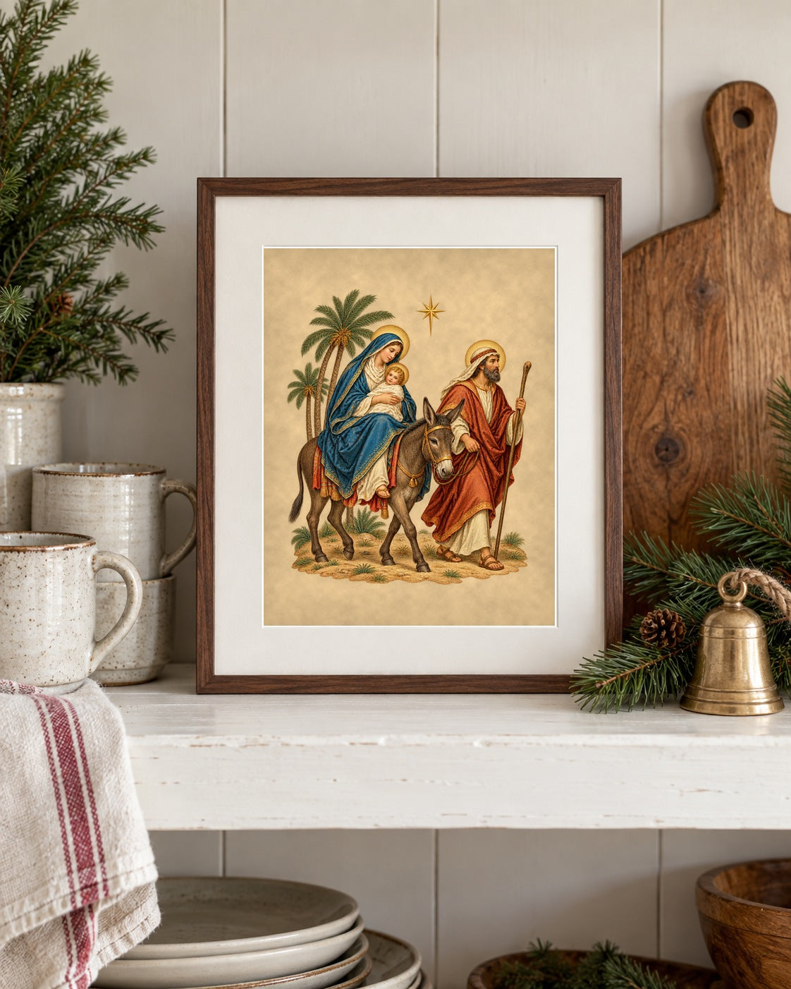 Flight into Egypt print framed on a farmhouse kitchen shelf beside a wooden bread board