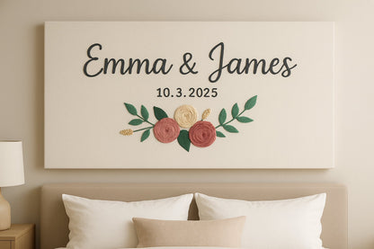 Custom Couple Name Sign Wedding Date Canvas with Floral Design
