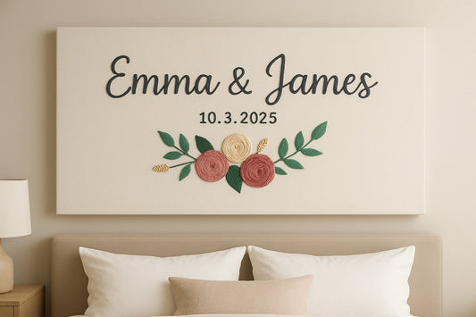 Custom Couple Name Sign Wedding Date Canvas with Floral Design