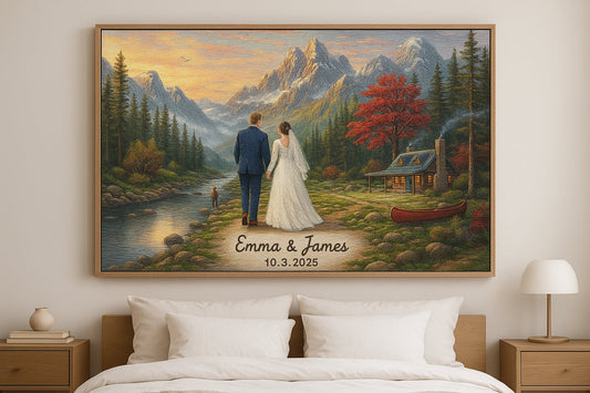 Personalized Mountain Wedding Canvas Romantic Couple Landscape Art Wedding or Anniversary Gift Idea