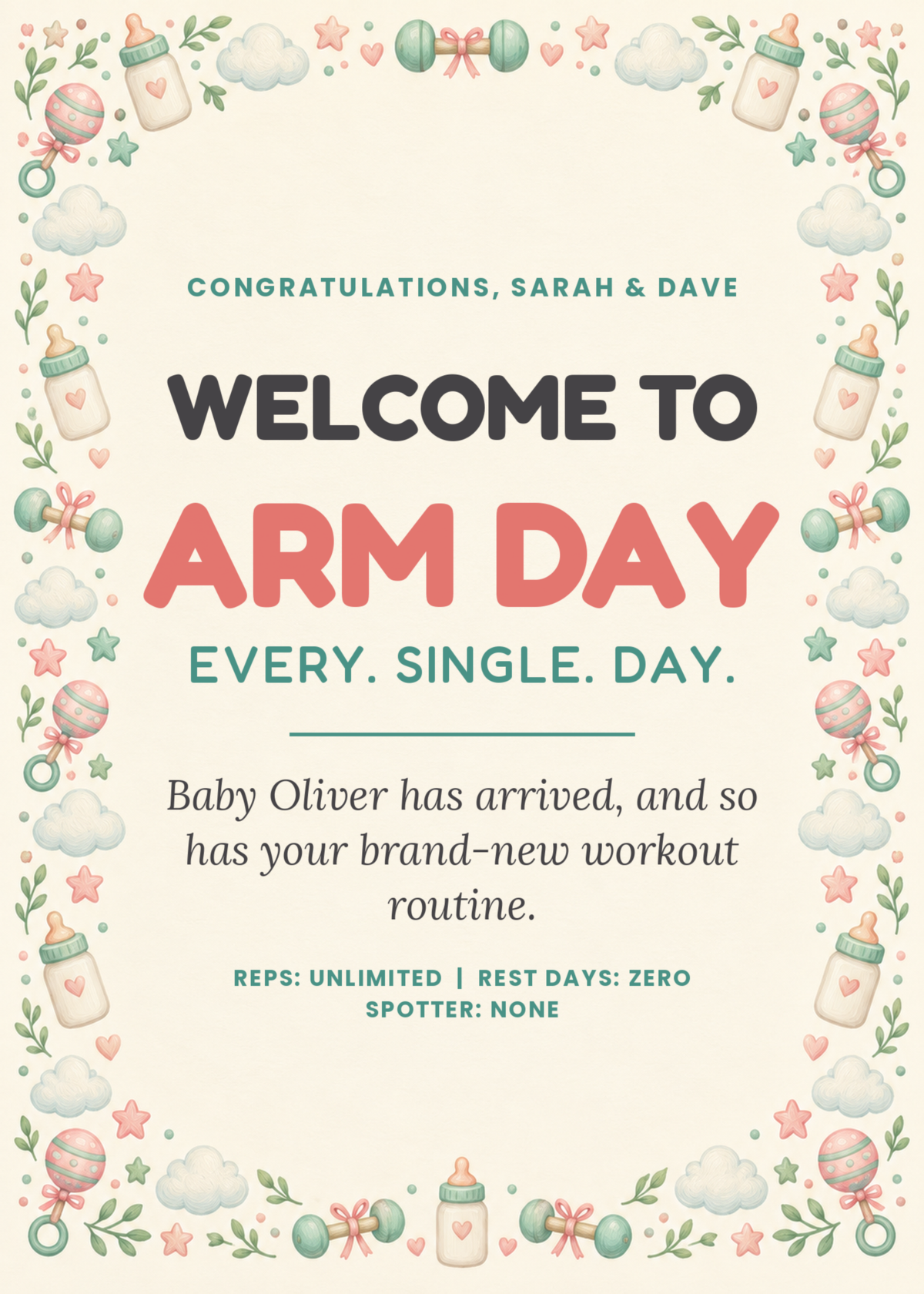 Welcome to Arm Day funny new baby card with parents and baby name