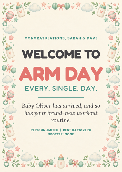 Welcome to Arm Day funny new baby card with parents and baby name