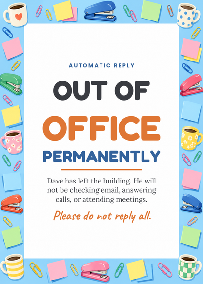Out of office permanently funny leaving card with coworker name
