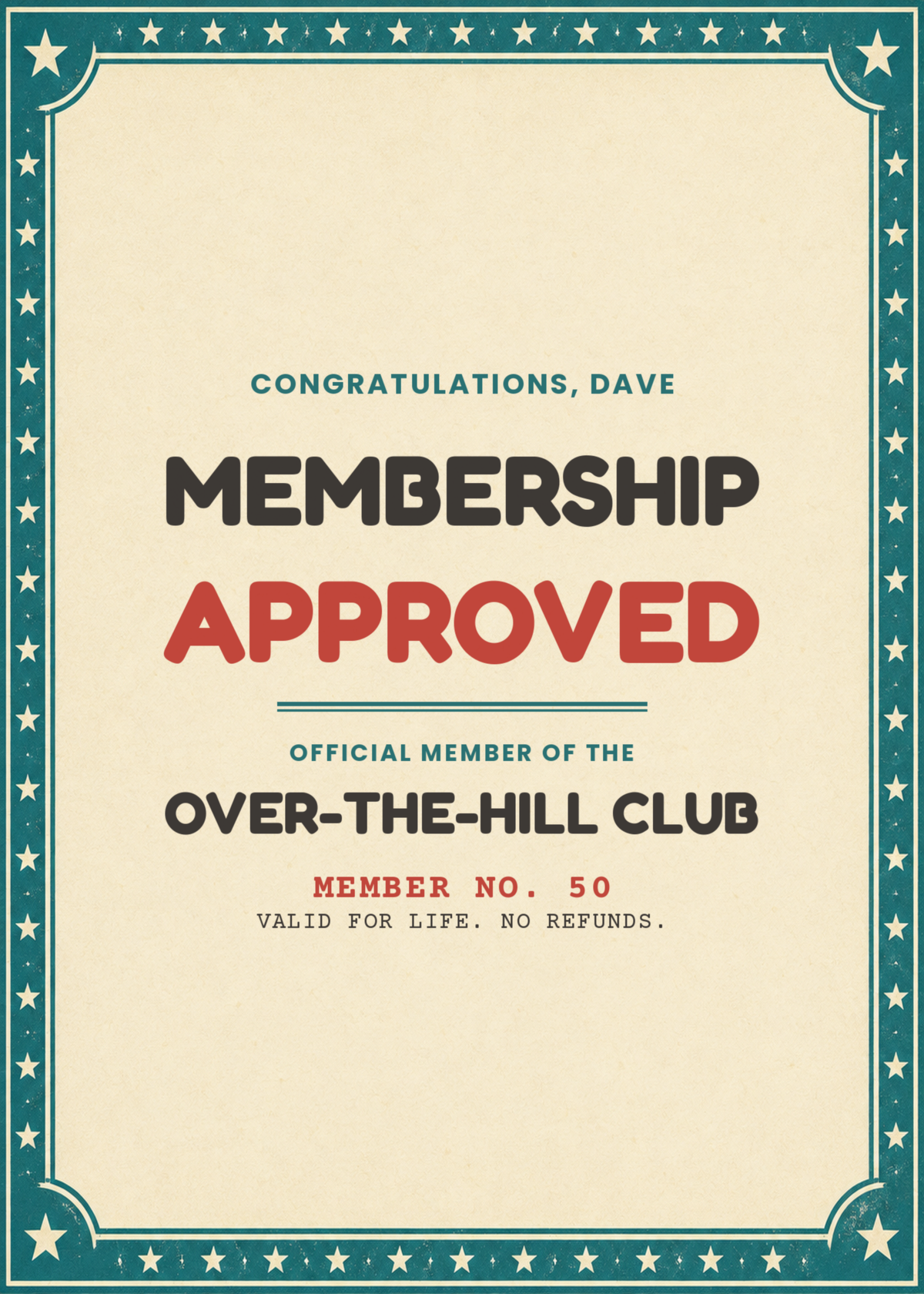 Over the hill club membership approved funny birthday card