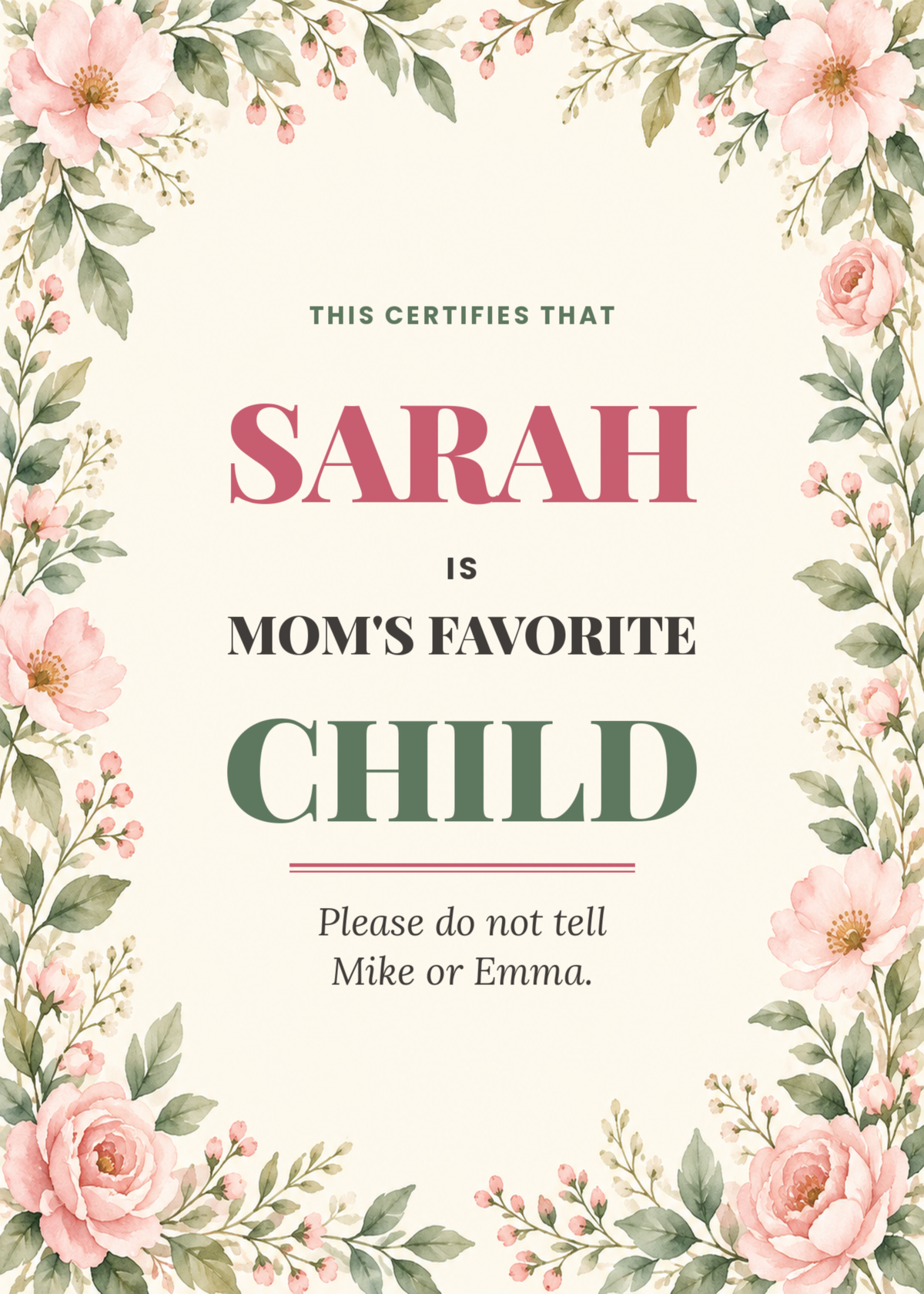 Mom's favorite child certificate funny birthday card with names