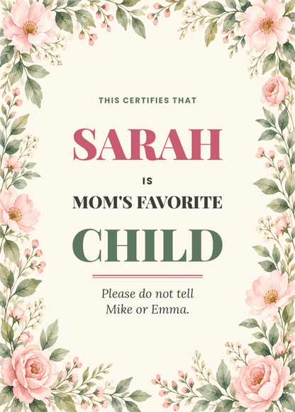 Mom's favorite child certificate funny birthday card with names