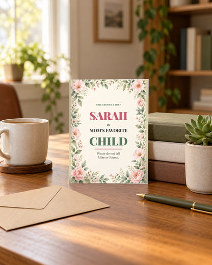 Favorite child card standing on a desk with an envelope