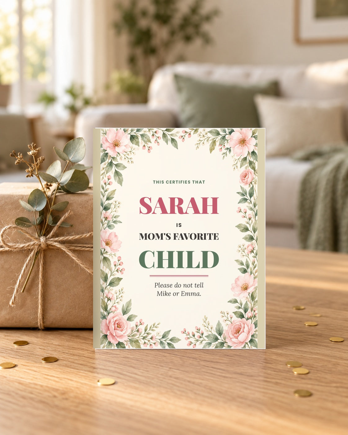 Favorite child card leaning on a wrapped gift