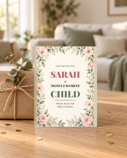Favorite child card leaning on a wrapped gift
