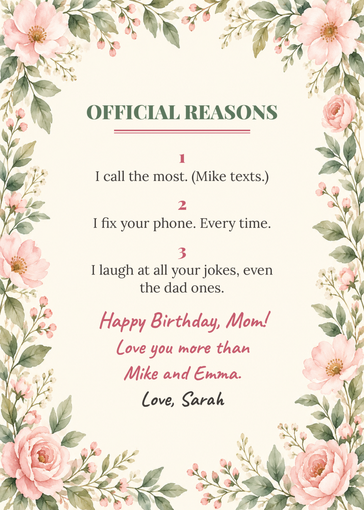 Inside: official reasons and love note