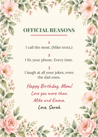 Inside: official reasons and love note