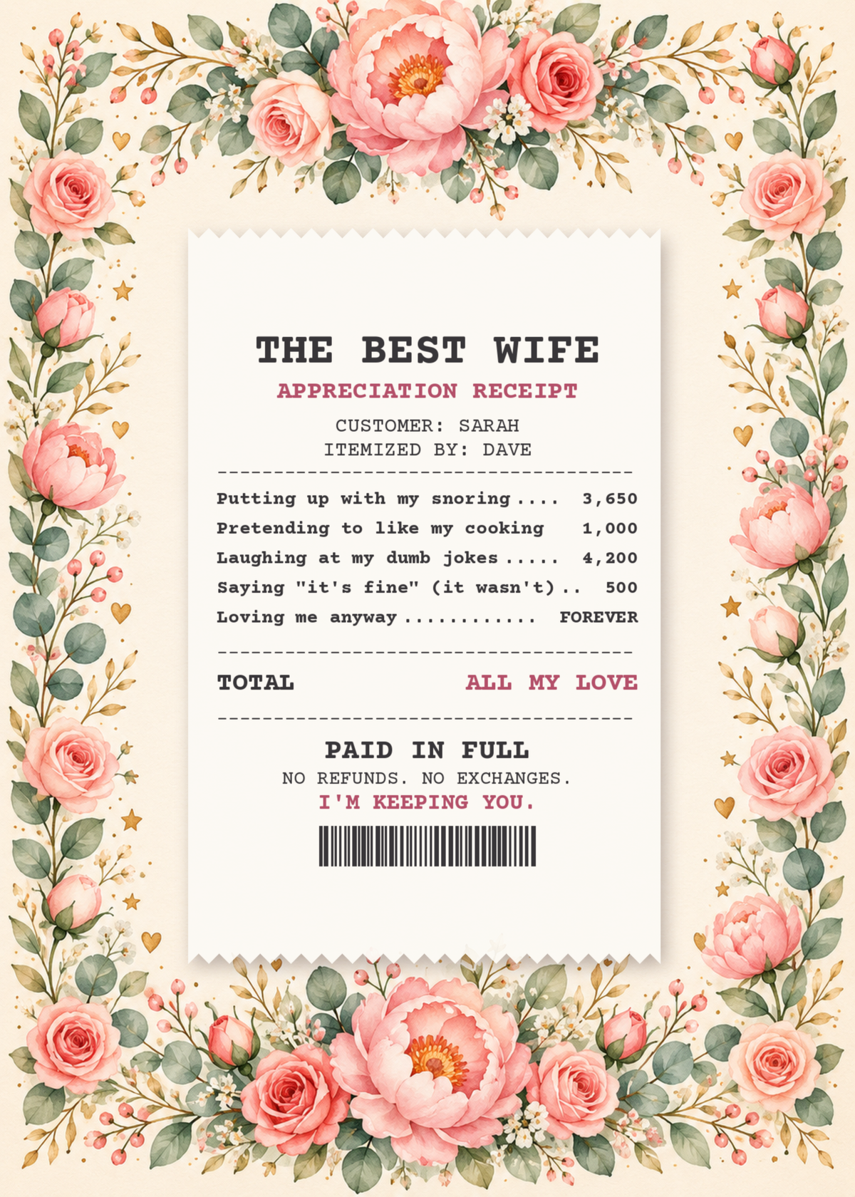 Wife appreciation receipt funny anniversary card with her name
