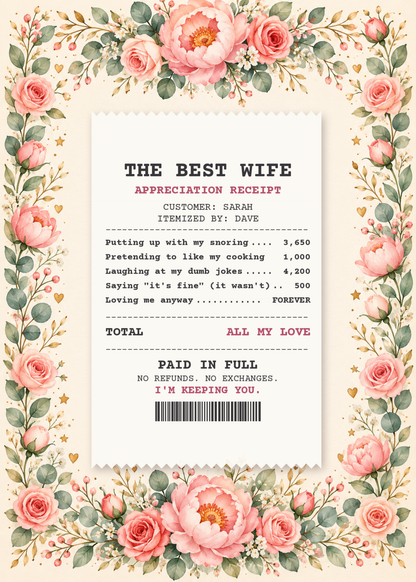 Wife appreciation receipt funny anniversary card with her name