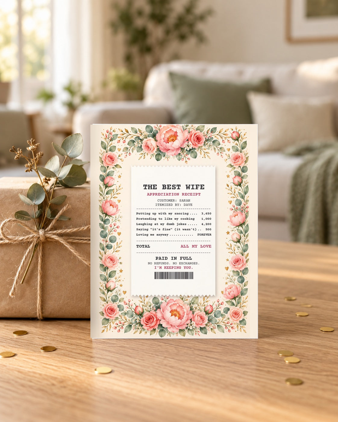 Wife receipt card leaning on a wrapped gift